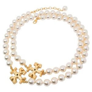 Tory Burch Roxanne Gold Plated Beaded Medium Pearl Chain Necklace W TB Logo